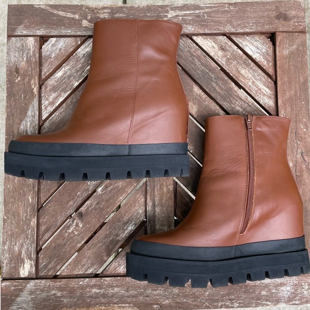 EQUITARE Brown Leather Hidden Wedge Booties with Black Chunky Platform
